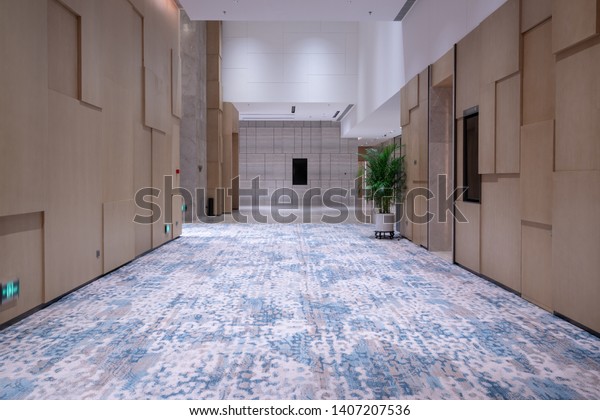 Hotel Corridor Wooden Finishes Floor Ceiling Stock Photo