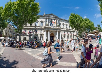 Hotel De Ville, Avignon/France, July 2015. The Front Entrance Of The Hotel De Ville In Avignon During The 2015 Festival D'Avignon. Unidentified People.