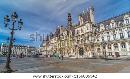 Hotel de Ville or Paris city hall timelapse hyperlapse in sunny day. This building has been used as the location of the municipality of Paris since 1357
