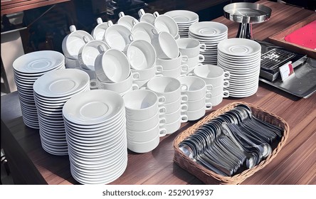 Hotel dinnerware is typically elegant, pristine white, unembellished, and made of quality glass, reflecting the high standards of the hospitality industry.