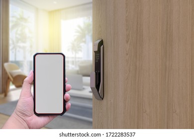 Hotel Door Security Unlocking By Application On Mobile Phone. Digital Door Lock, Key Less System Of Access Door. Close Up And Selective Focus.