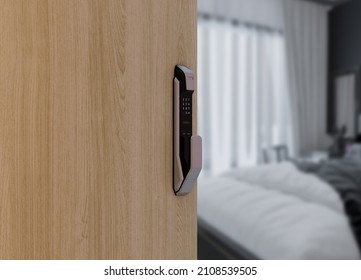 Hotel Door Security Unlocking By Application On Mobile Phone. Digital Door Lock, Keyless System Of Access Door. Digital Door Handle Or Electronics Knob For Access To Room Security,