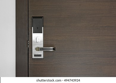 Hotel Electronic Card Lock On Wooden Door