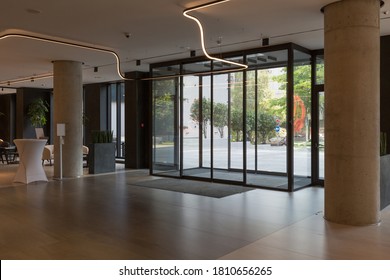 Hotel entrance interior, glass automatic sliding doors