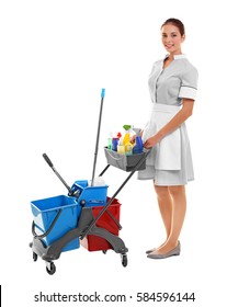 Hotel Female Chambermaid With Cleaning Supplies On White Background