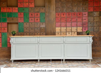 Hotel lobby was interior design with contemporary style, with wooden counters and wood cabinets, is a wall. - Powered by Shutterstock