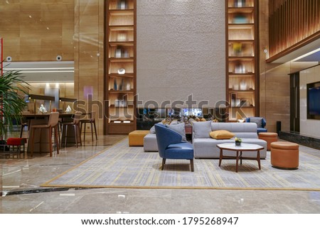 Hotel lobby interior, modern style.