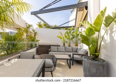 Hotel resort apartment terraces with armchairs and table - Shutterstock ID 2187216667