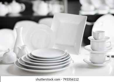 Hotel restaurant white dishes assortment. Stylish crockery set. Luxury and sophistication concept