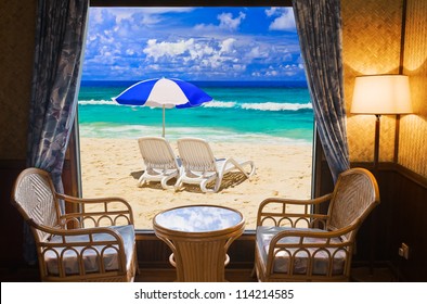 Hotel Room And Beach Landscape - Vacation Concept Background