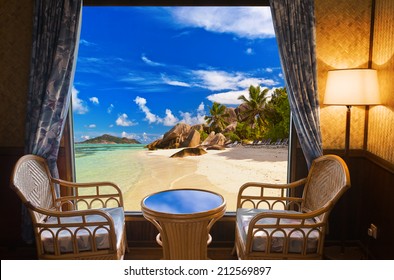 Hotel Room And Beach Landscape - Vacation Concept Background