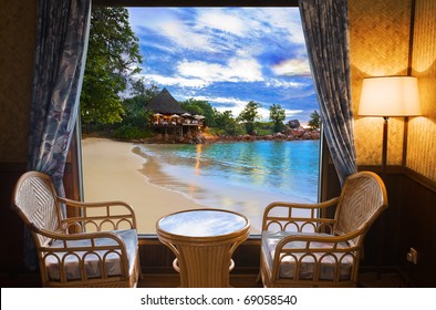 Hotel Room And Beach Landscape - Vacation Concept Background