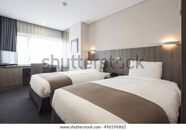 Hotel Room Bedroom Two Beds Curtain Stock Photo Edit Now