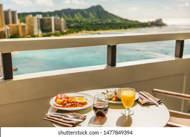 Hotel Room Breakfast On Balcony View Of Waikiki Beach, Honolulu, Hawaii. Vacation Travel Morning Food American Breakfast In Luxury Resort Outside.