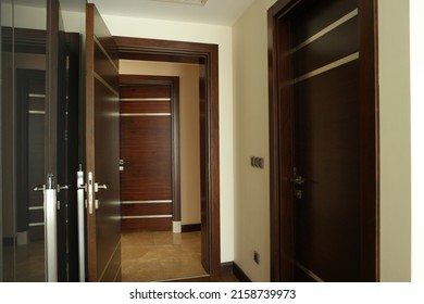 Hotel Room Entrance Hall. Hotel Room Interior With Closet, Entrance Door.