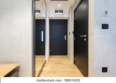 Hotel Room Interior With Closet Mirror Door