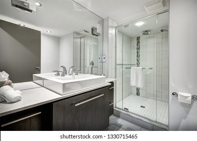 Hotel Rooms And Interiors With Bathrooms And Kitchenettes