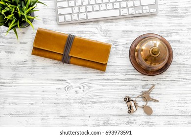 Hotel Service Bell On Light Wooden Table Top View Copyspace