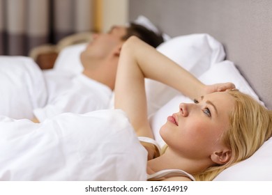 Hotel, Travel, Relationships, And Problems With Sleep Concept - Family Couple In Bed, Woman With Insomnia