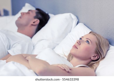 Hotel, Travel, Relationships, And Problems With Sleep Concept - Family Couple In Bed, Woman With Insomnia