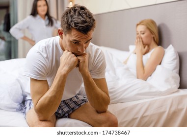 Hotel, Travel, Relationships And Sexual Problems Concept - Wife Caught Man Cheating With Another Woman