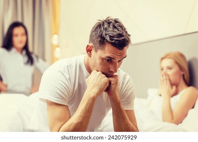 Hotel, Travel, Relationships And Sexual Problems Concept - Wife Caught Man Cheating With Another Woman