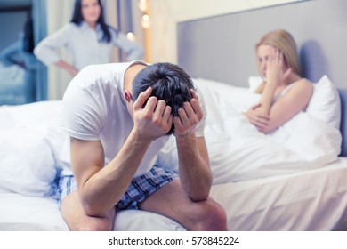 Hotel, Travel, Relationships And Sexual Problems Concept - Wife Caught Man Cheating With Another Woman