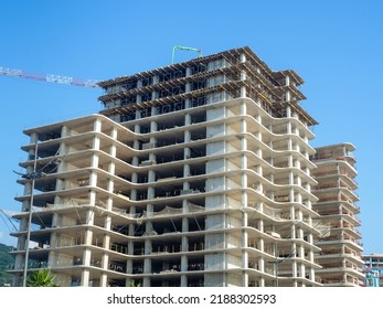 Hotel Under Construction On The Beach. Black Sea Coast. Construction Industry. Building Frame.
