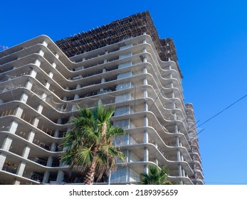 Hotel Under Construction On The Beach. Black Sea Coast. Construction Industry. Building Frame.
