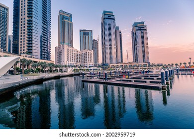 Hotels and apartment residential skyscraper buildings panoramic view in Dubai Marina Creek Harbour