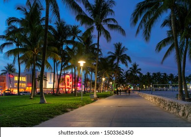 Hotels And Restaurants At Night On Ocean Drive, World Famous Destination. Nightlife In Miami Beach, Florida.