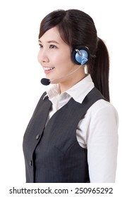 Hotline, closeup portrait of Asian business woman on studio white background.