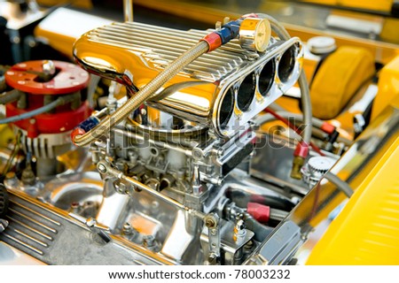 hot-rod supercharger and engine bay detail