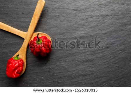 Hottest pepper in the world. Trinidad Scorpion Butch, thousands of times more spicy than Habanero. On black slate background, with natural light. Spicy dark food food concept. An extreme spicy.