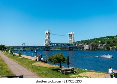 Houghton, MI, USA - June 20, 2022:Riverside View Of The Portage Lake Lift Bridge