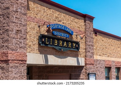 Houghton, MI, USA - June 20, 2022:Portage Lake District Library Sign Entrance