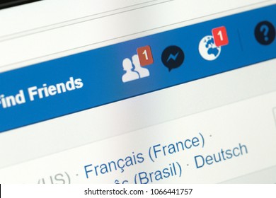 Houilles, France - April 10, 2018:Facebook Web Page Closeup With Notifications Icons Of New Friends Request And Actuality And Blank Status Line