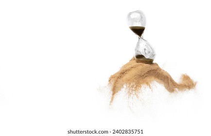 Hourglass and Sand fly in mid air, add more sand of time on gold sand over white background. Brown hourglass show more time Deadline extended time management hope concept hour glass - Powered by Shutterstock