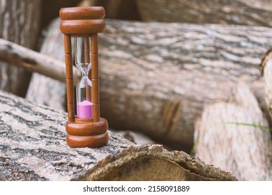 Hourglass as time passing concept for business deadline and running out of time. hourglass isolated on tree trunk background.