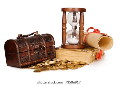 Hourglasses and coin isolated on white background - Powered by Shutterstock