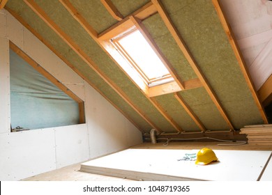 House Attic Under Construction Mansard Wall Insulation With Rock Wool