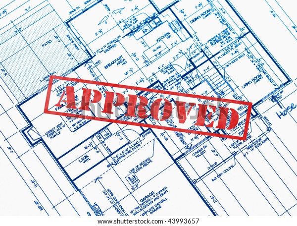 House Blueprint Stamped Approved Red Stock Photo (Edit Now) 43993657