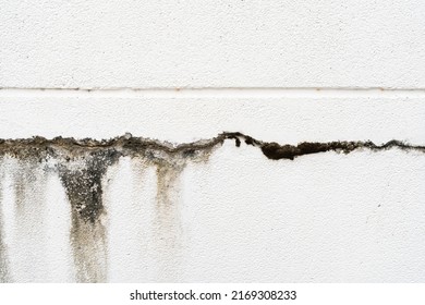 house broken. concrete crack. Water damage building interior. large crack white concrete wall
