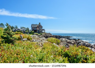 House Built Of Stone On A Rocky Beach Sea Coast Of Maine