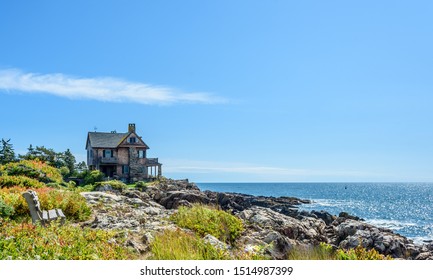 House Built Of Stone On A Rocky Beach Sea Coast Of Maine