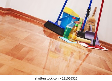 House cleaning -Cleaning accessories on floor room