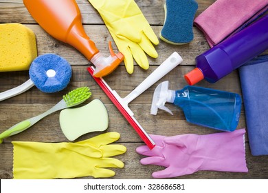 House Cleaning Product On Wood Table