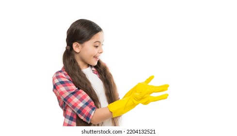 House Cleaning Service. Wiping Gloves For Cleaning. Small Girl In Cleaning Gloves. Quality Service Call. Independent Girl Housekeeping Isolated On White. Harmless Cleaning Products