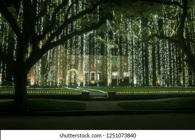 House With A Curtain Of Light Garlands. Christmas Decor. Winter, Night, Houston, Texas,  United States