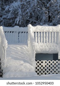 House And Deck In The Lower Hudson River Valley Of New York State, Covered With With Snow.